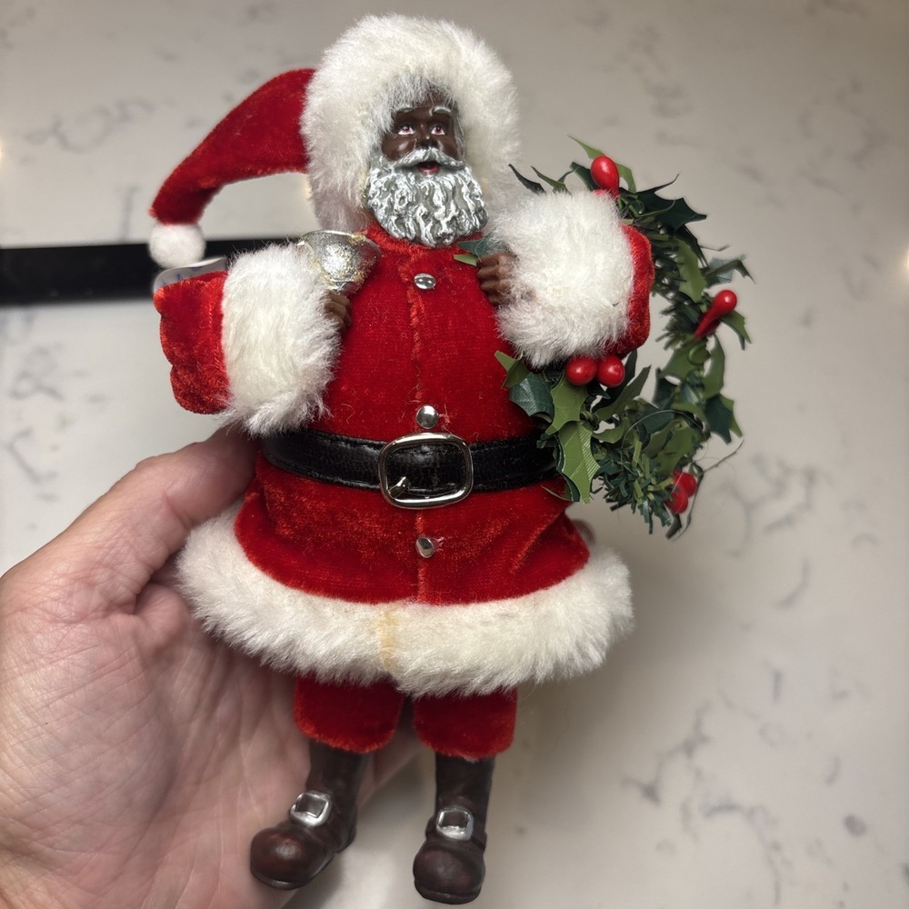VTG Santa Claus Resin/Fabric Figure Black Santa With Wreath Bell 6.5" Christmas